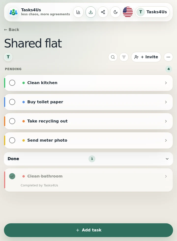 Tasks4Us task group for Shared flat chores, shopping lists and expenses