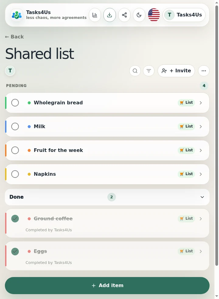 Tasks4Us task group for Shared lists for shopping, trips and gifts