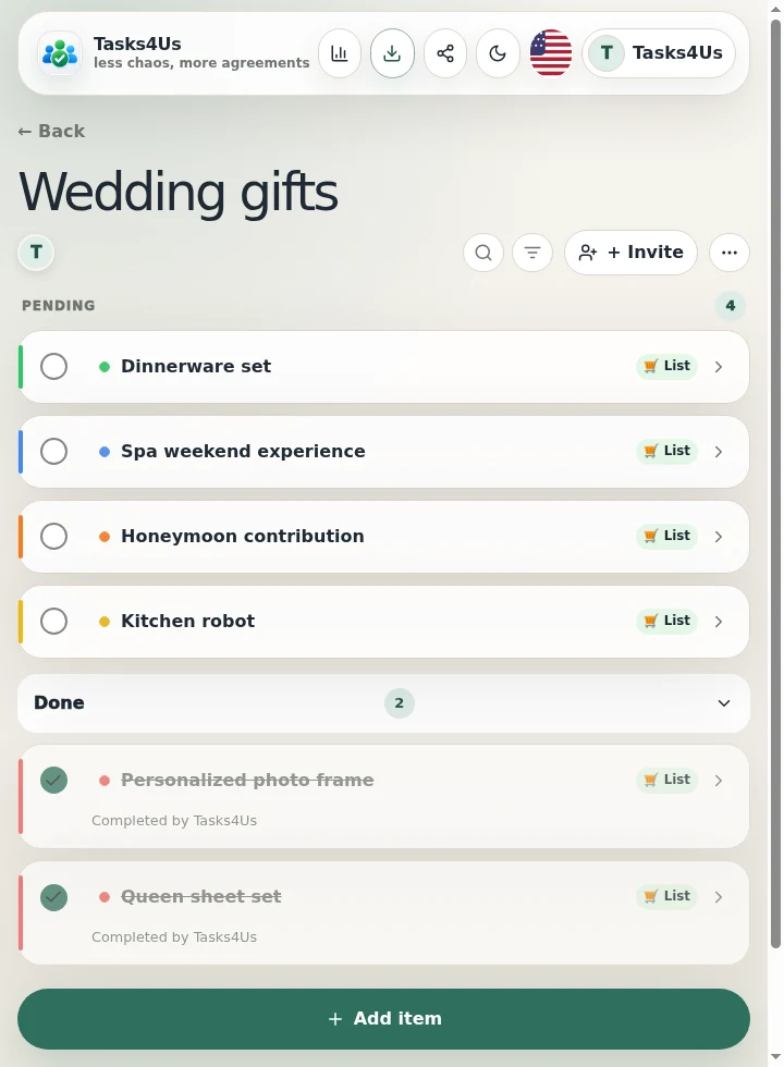 Wedding gift list in Tasks4Us in English with pending gifts on top and bought gifts separated.