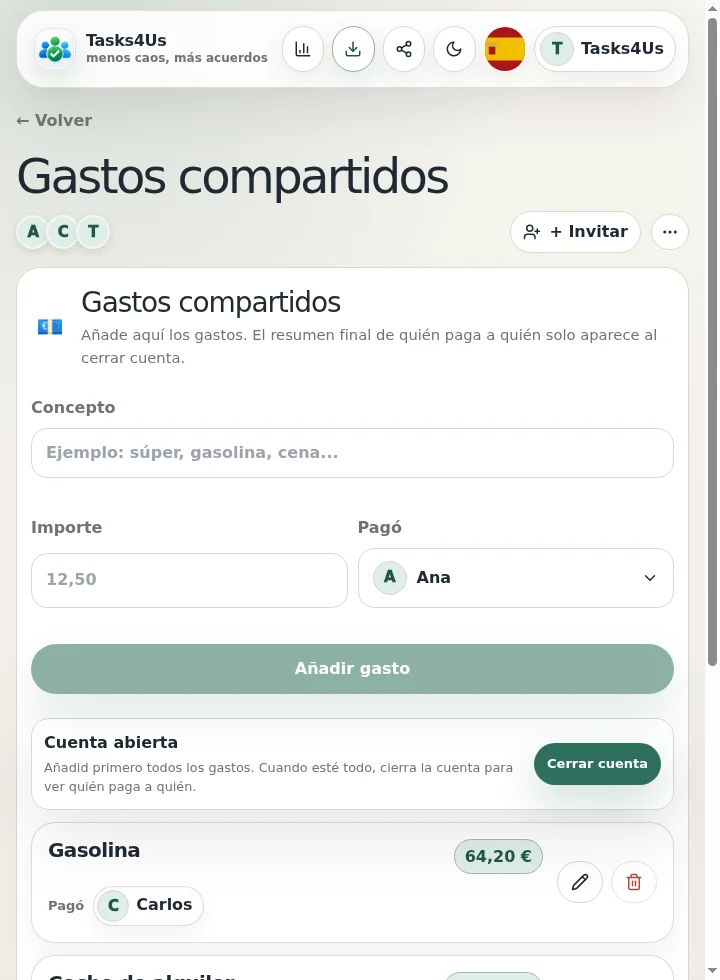 Gastos compartidos de Tasks4Us para Gastos compartidos y pagos pendientes