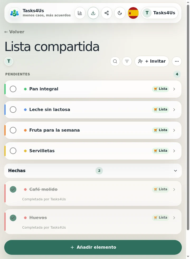 Lista de elementos de Tasks4Us para Listas compartidas para compras, viajes y regalos, con elementos por comprar y comprados