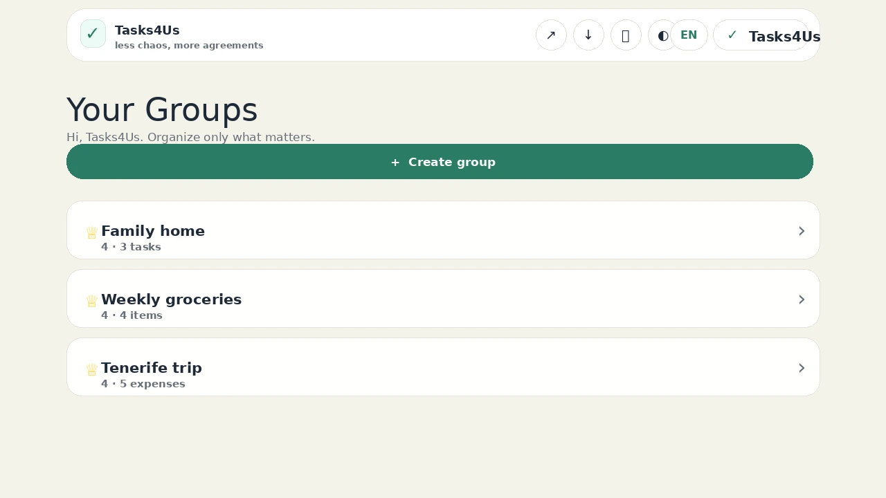 Real Tasks4Us dashboard in English showing task, list and expense groups