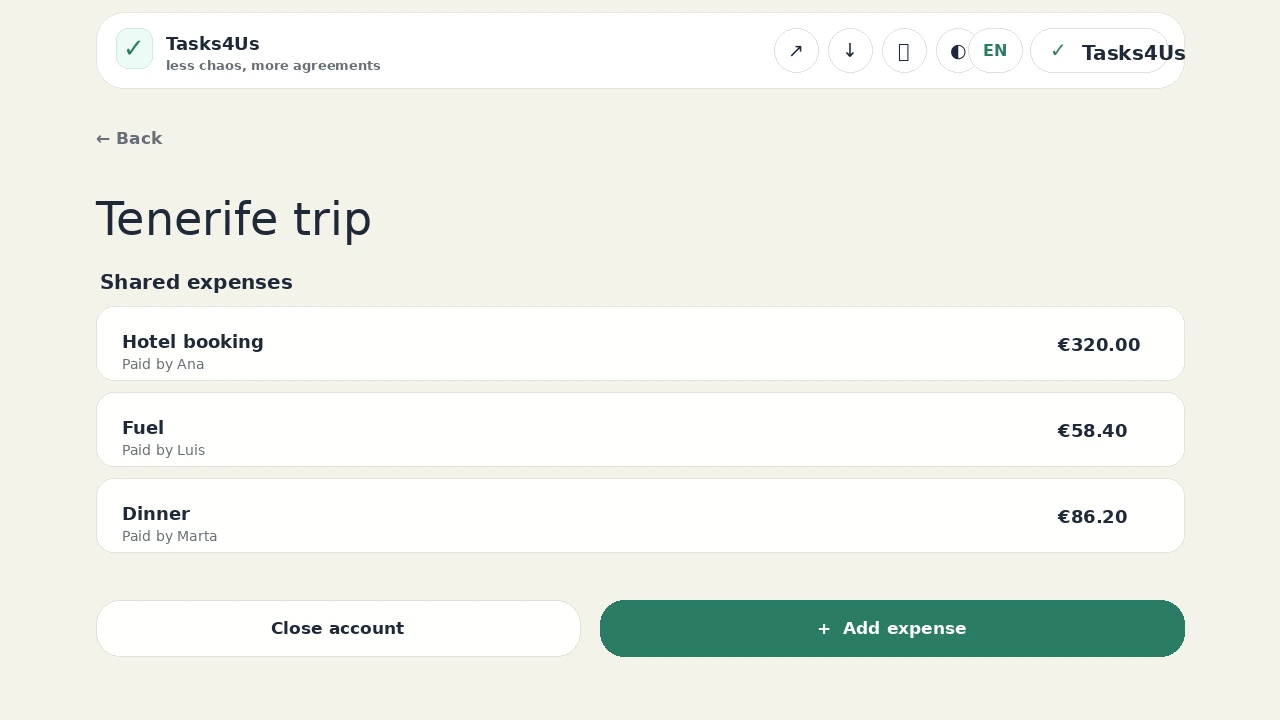 Tasks4Us shared expenses screen in English showing trip costs