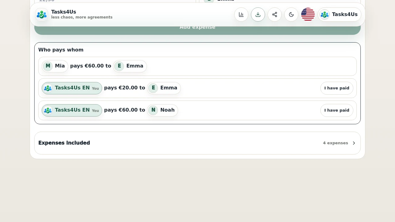 Shared expenses group in English for a Tenerife trip, listing several expenses and who paid each one.