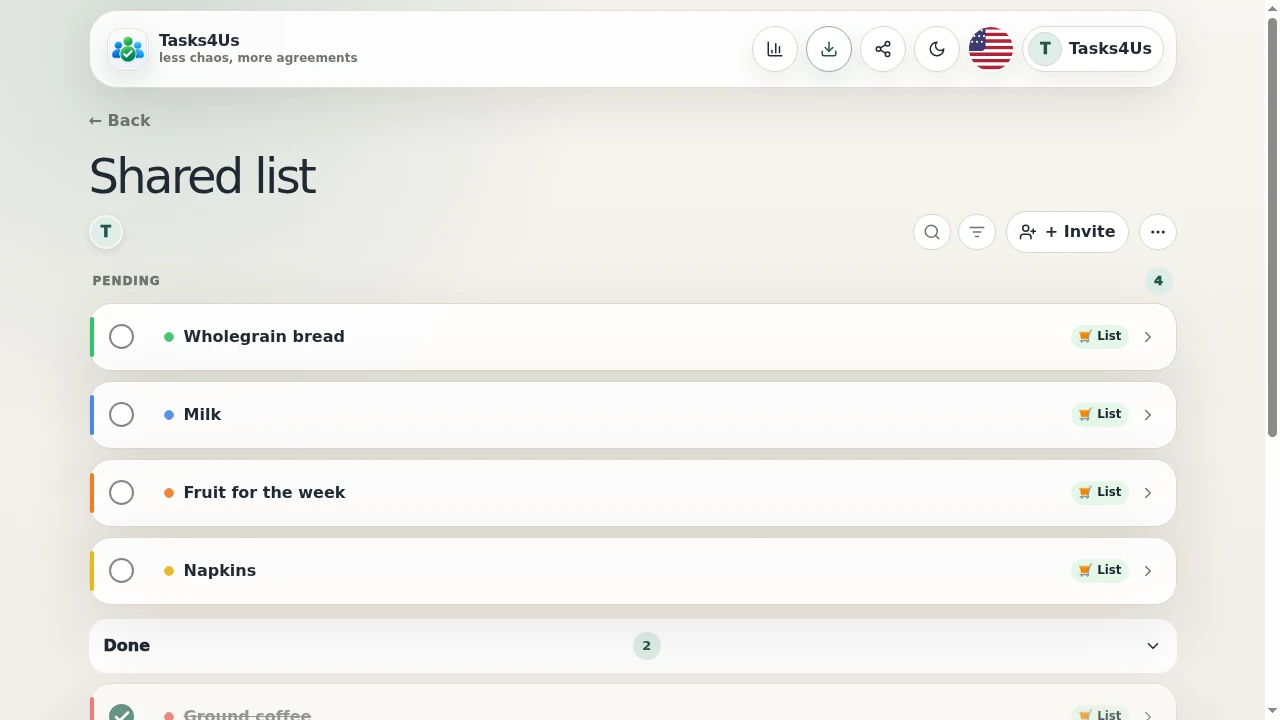 Weekly groceries item list in English with pending products and products already bought.