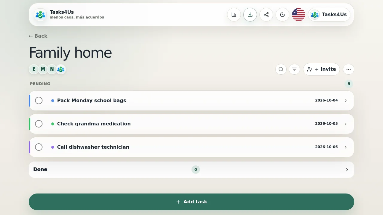Family home group in English with pending tasks assigned to different people.