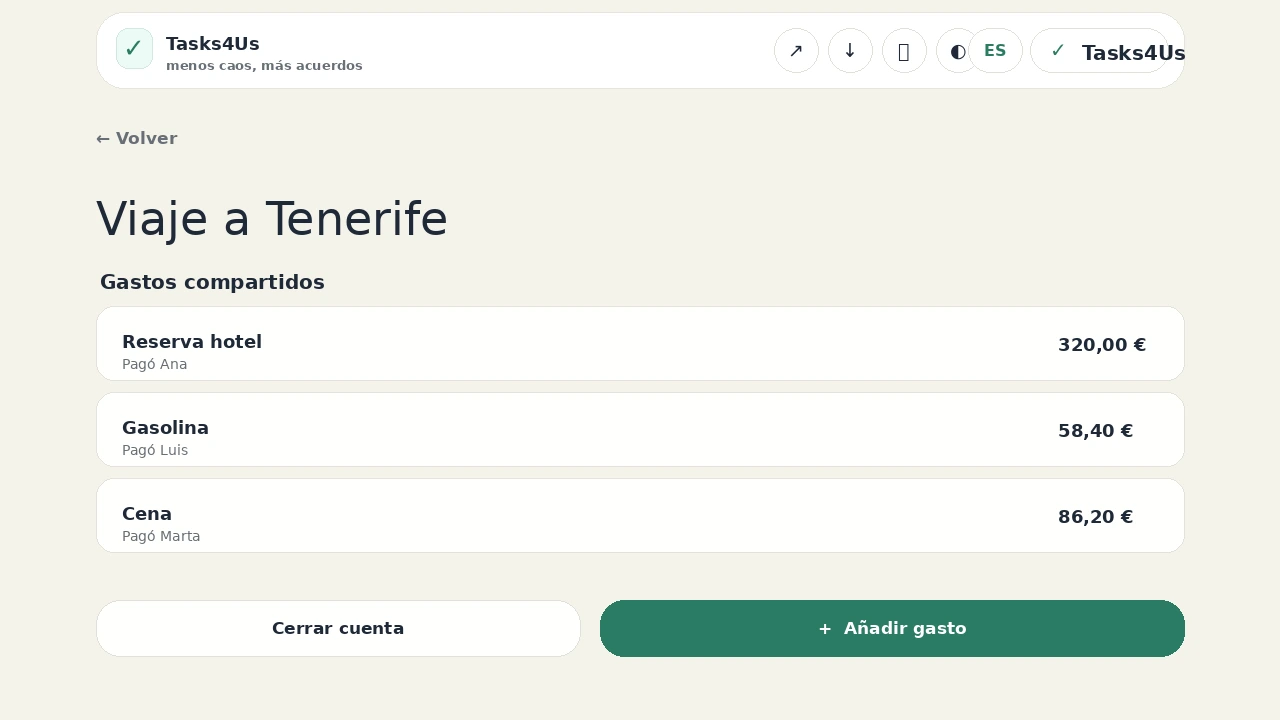 Pantalla de gastos compartidos de Tasks4Us en español con costes de viaje