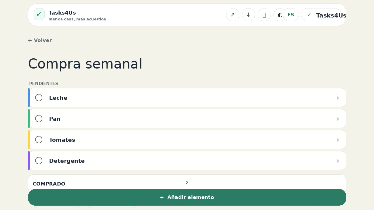 Lista de elementos de Tasks4Us en español con compra semanal